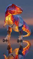 Colorful geometric dinosaur sculpture illuminated at sunset near a calm body of water photo