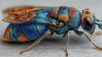Colorful insect displays intricate details in a close-up view of its vibrant body features and wings photo
