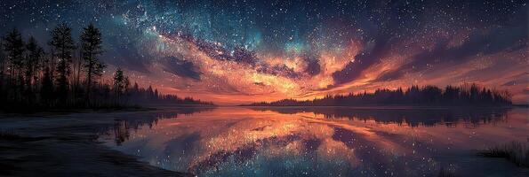 Stunning night sky reflection over tranquil lake with vibrant colors and starry background photo
