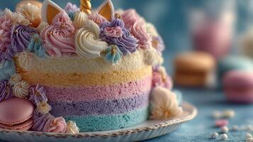 Colorful unicorn birthday cake decorated with swirls of frosting and macarons set on a delicate plate photo