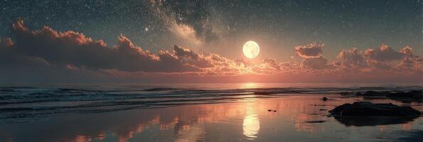 Moonrise over calm ocean waters at twilight showcasing a starry sky and reflecting clouds photo