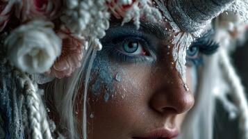 Woman with elaborate floral makeup and ice-themed design showcases striking features in a mystical setting photo