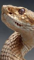 Close-up view of a detailed serpent showcasing its scales and striking eye in a neutral backdrop during indoor lighting photo