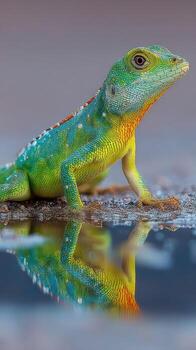 Colorful lizard exploring a reflective puddle in nature's vibrant habitat photo