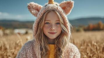 Young girl wearing unicorn hoodie poses in a golden field under a clear blue sky during a bright autumn day photo