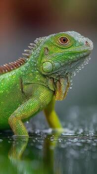 Colorful iguana resting on a wet surface during a humid morning in a tropical environment photo