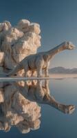 Realistic dinosaur sculpture stands by still water reflecting mountains in the background during golden hour photo