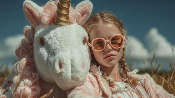 Young girl wears sunglasses beside a plush unicorn in a sunny field on a clear day enjoying a playful moment together photo