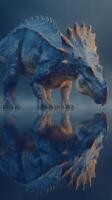 Dinosaur in misty landscape reflecting in water during twilight hours photo