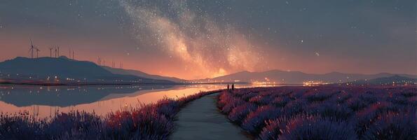 Stunning twilight landscape with vibrant lavender fields and a starry sky near a serene riverbank photo