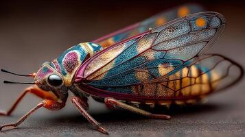 Vibrant insect resting on a surface showcasing intricate wing patterns in bright colors and unique textures photo