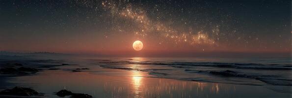 Mesmerizing night sky over tranquil ocean with full moon reflecting on water at coastline photo