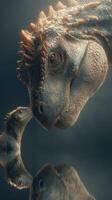 Giant dinosaur interacts gently with smaller dinosaur, reflecting on the surface of water in a serene environment photo