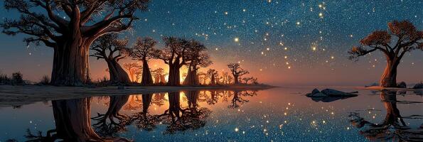 Baobab trees under a starry night sky reflecting on calm waters at dusk near a sunset photo