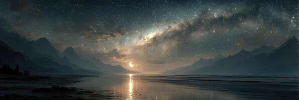 Night sky over tranquil lake reflecting stars and mountains under a crescent moon photo
