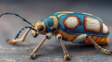 Vibrant blue and yellow beetle exhibiting intricate patterns on a textured surface in natural light photo