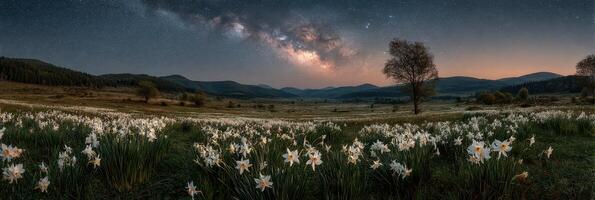Stunning starry night over a field of blooming daffodils in serene mountain landscape photo