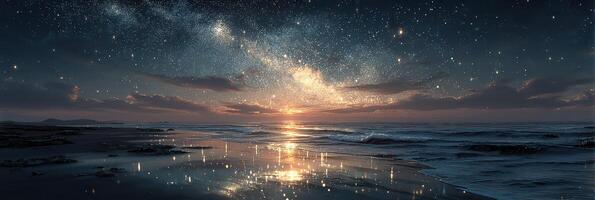 Stunning twilight at the beach reveals a vibrant galaxy reflecting on tranquil waters photo
