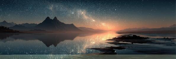 Night sky reflects over tranquil lake with mountains under starry sky at twilight in a serene landscape photo
