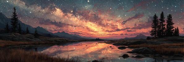 Beautiful night sky with stars and colorful sunset reflected on calm water in a serene landscape photo