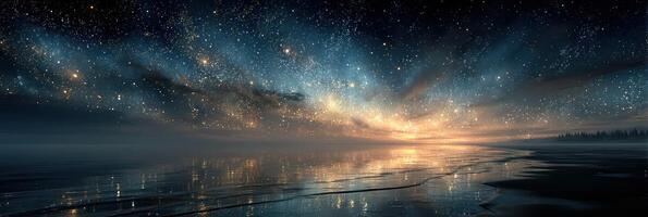 Vast night sky filled with stars reflecting on a tranquil lake at dawn photo
