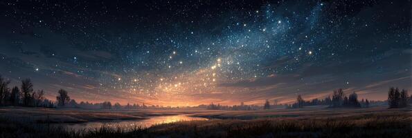 Vast night sky illuminated by stars over a tranquil river during dusk in a serene natural landscape photo
