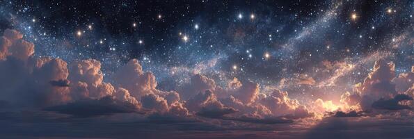 Stunning view of a starry night sky with colorful clouds at dusk photo