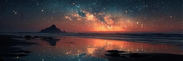 Beautiful night sky over a tranquil beach with the Milky Way visible reflected in calm ocean waters photo