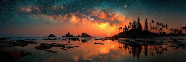 Stunning twilight sky reflecting on calm water near tropical shoreline with palm trees and rocky formations photo