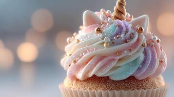 Colorful unicorn cupcake with swirls of frosting in a magical, softly lit setting photo