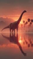Dinosaur stands majestically in a tranquil landscape during sunset with palm trees in the foreground photo