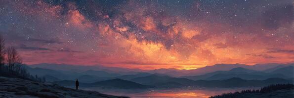Stargazer admires the dazzling milky way above mountain ranges at twilight photo