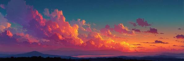 Vibrant sunset over a serene landscape with colorful clouds in the evening sky photo