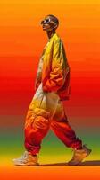 Stylish model showcases vibrant streetwear design against an orange gradient backdrop during a fashion shoot photo