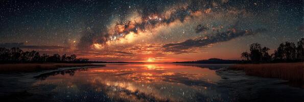 Stunning sunset reflecting the Milky Way over calm water in a serene natural landscape photo