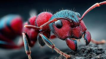 Close-up view of a vibrant red and blue ant exploring its rocky habitat under natural light photo