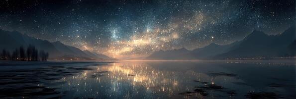 Night sky filled with stars reflecting on calm lake surrounded by mountains at dusk photo