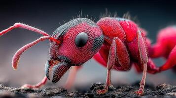 Close-up of a vibrant red ant exploring its environment on a dark surface during daylight photo