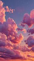 Vibrant twilight sky filled with fluffy clouds during sunset over the horizon photo