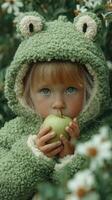 Young child in a green frog hoodie holds a green apple surrounded by flowers in a garden during daylight photo