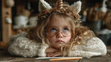 Young girl with unicorn headband and glasses gazes thoughtfully while resting on a table in a cozy indoor setting photo