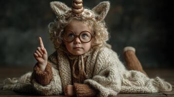 Child dressed as a unicorn in cozy sweater has playful expression while lying on the floor photo