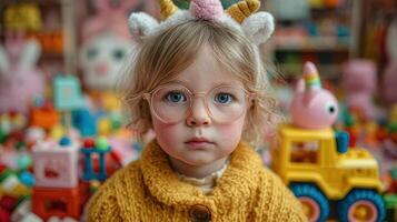 Young child wearing glasses and unicorn headband surrounded by colorful toys at a playful location photo