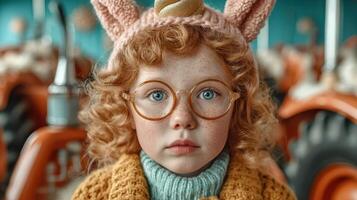Young girl with curly red hair and glasses poses in front of vintage tractors at a farm during autumn photo