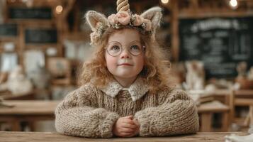 Young child with unicorn ears and glasses sits at a wooden table in a cozy cafe decorated with flowers and soft lighting photo