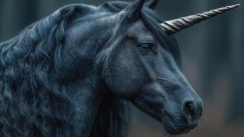 Majestic black unicorn with long mane stands in a mystical forest during twilight photo
