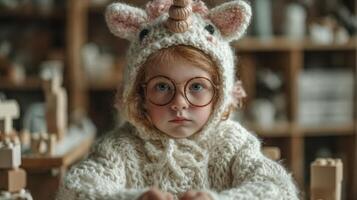 Young child wearing a unicorn hat engages in creative play with building blocks indoors photo