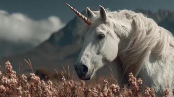 Majestic white unicorn standing in a flowering meadow against a backdrop of mountains under a dramatic sky photo
