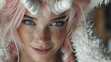 Unique character portrait showcasing vibrant features and playful expression in a whimsical, fluffy hood photo