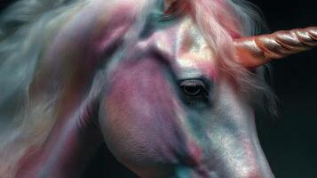 Colorful unicorn head with shimmering mane and vibrant features against a dark background photo